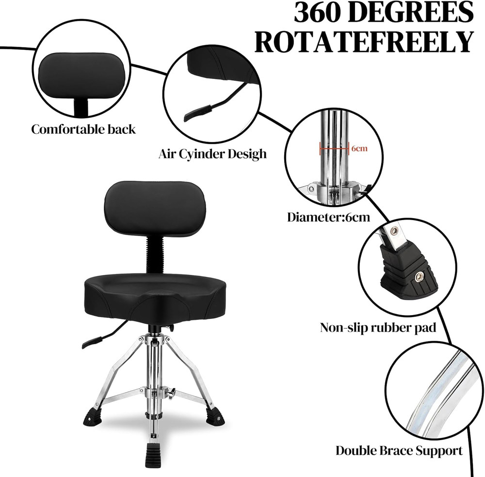 Drum Throne with Backrest | Heavy Duty Hydraulic Adjustable Stool, Saddle Seat &