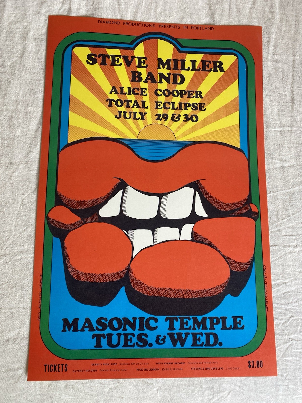 1969 Steve Miller Alice Cooper Poster Masonic Temple Portland Steve Blashfield