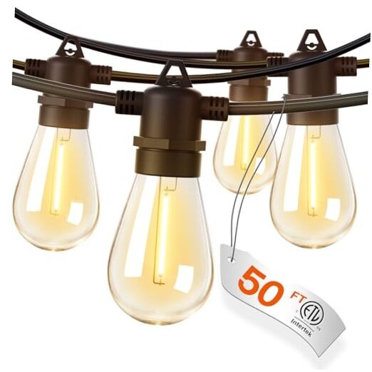 LED Outdoor String Lights with Edison Shatterproof Bulbs, Weatherproof 50FT