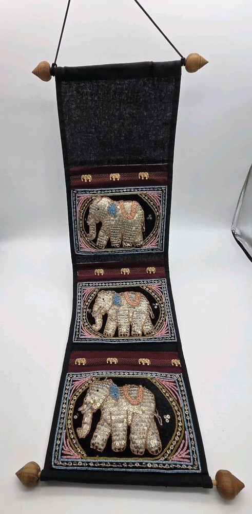Elephant Cloth Mail Organizer Wall Decor 3D 3 Pockets Sequins Embroidered Asian