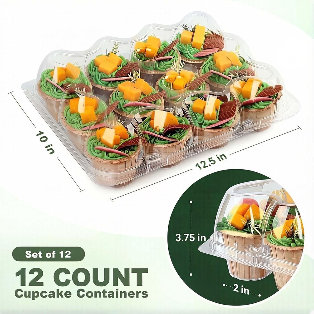 Durable Plastic Cupcake Boxes - 12 Count With Tall Dome Lid & Liners Included