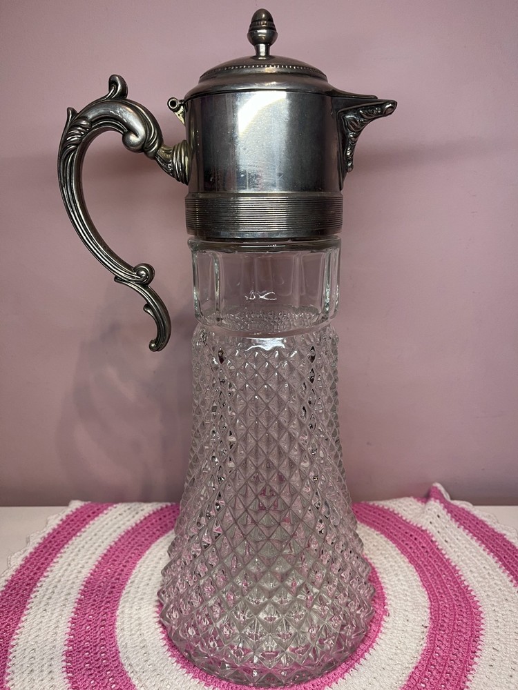 ITALIAN LEONARD CRYSTAL DIAMOND POINT GLASS PITCHER, SILVER PLATED TOP & HANDLE