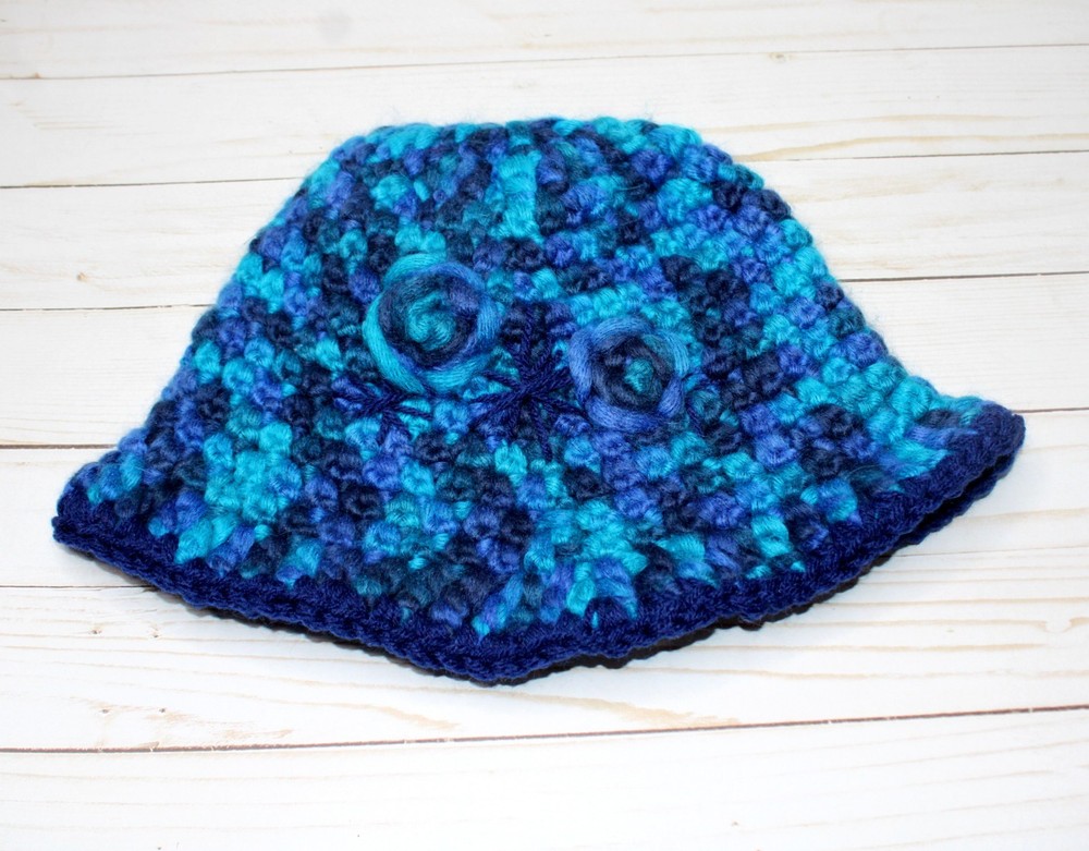 Hand Crocheted Blue Wool Blend Hat with Flower Accents