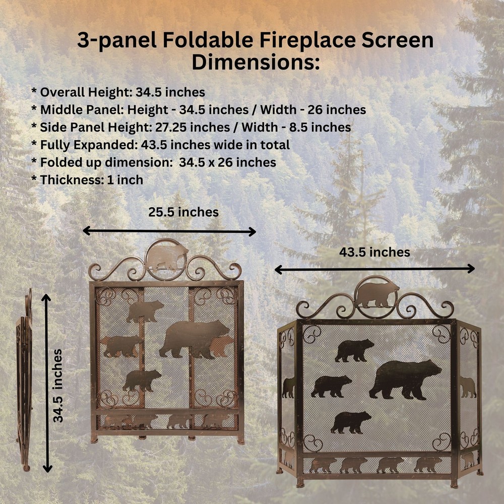 3-Panel Fireplace Screen with Sloth of Bears Design