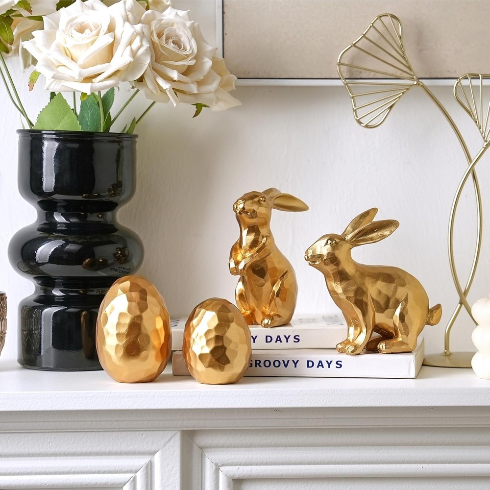 Gold Easter Bunny and Egg Set, 4Pcs Resin Easter Rabbit and Egg Figurines, Small