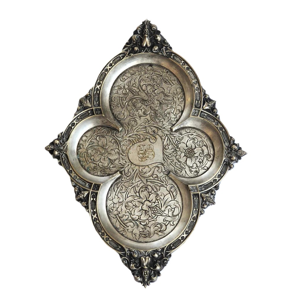 French Decorative Serving Tray Brass Silver Plated Embossed Engraved Monogram JP