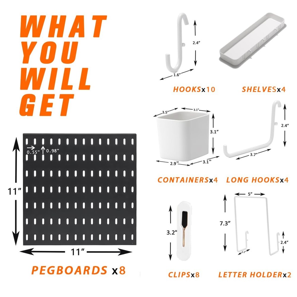 Pegboard Combination Kit, 8 Peg Boards and 30 Accessories Modular Hanging Bla...