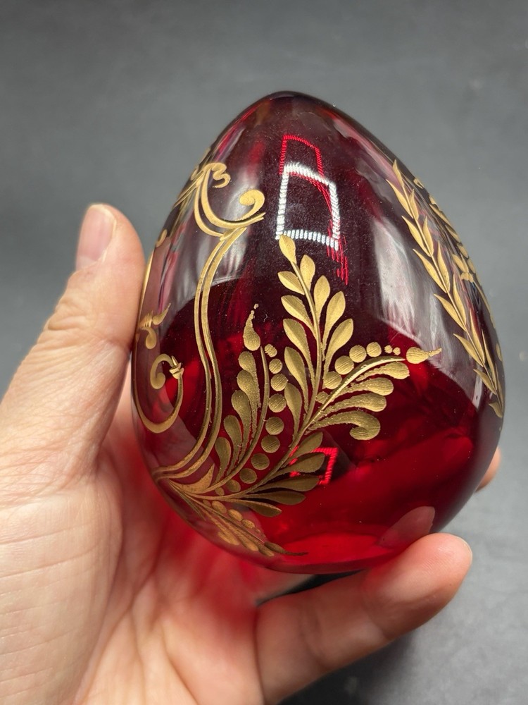 Faberge Egg Etched Ruby Gilt Glass Russian Red & Gold Eagle