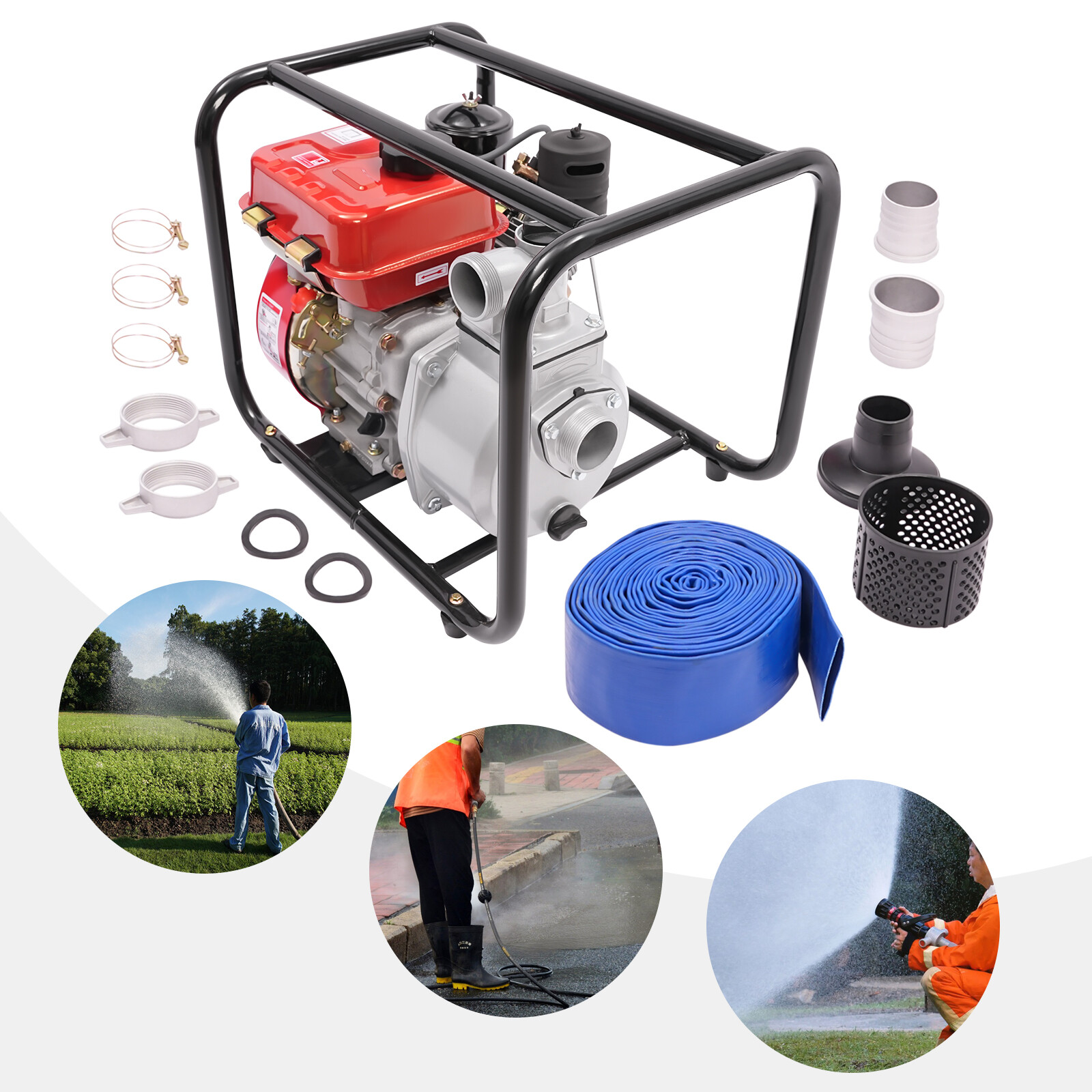 4L 2 inch Water Pump Water Transfer Pump 4-Strok Diesel Water Pump + Water Pipe