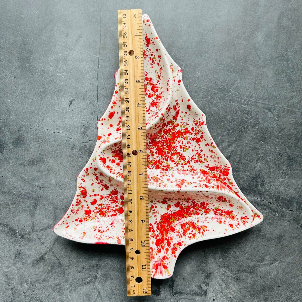 Red and White Speckled Ceramic Christmas Tree Divided Nut Candy Dish 11.5"