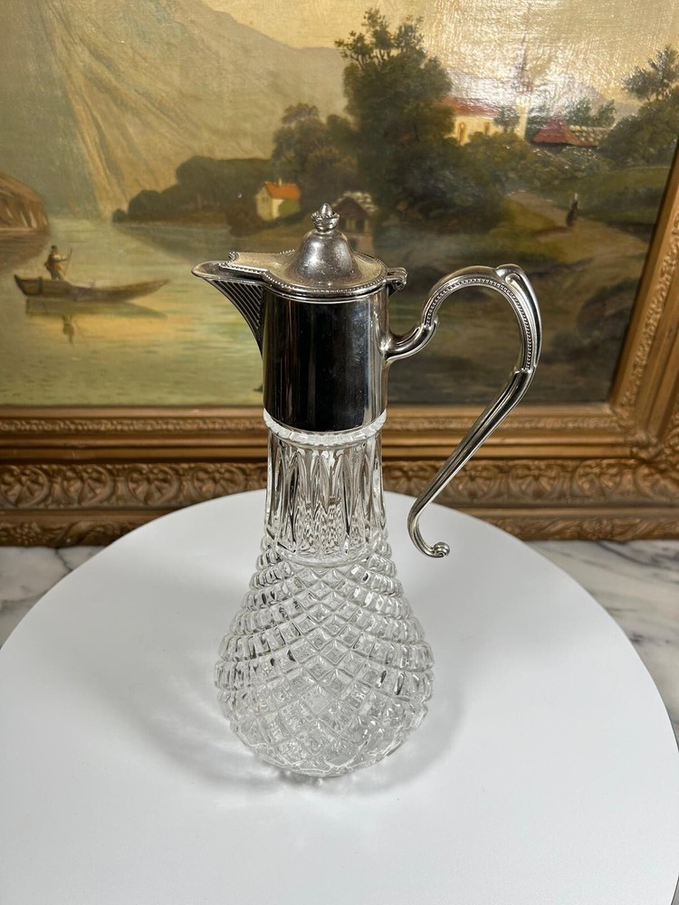 Antique Victorian Silver-Plated Wine Jug – Hand-Cut Crystal Insert – 19th C