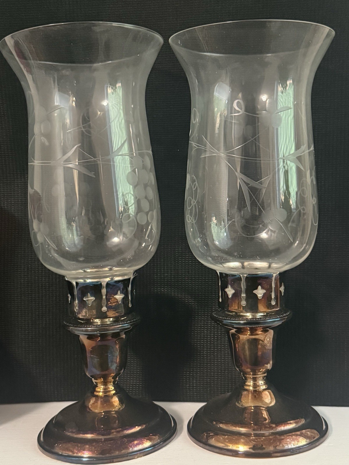 Fisher Silversmith Sterling Silver Candle Holders Hurricane Lamps W/ Grapes Set