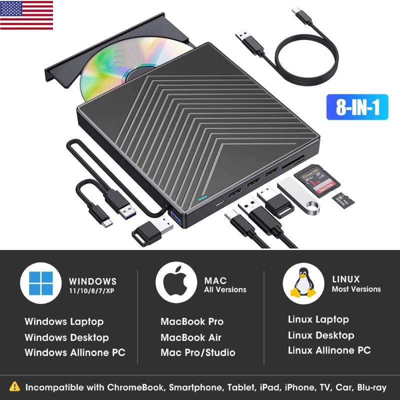 External CD DVD Drive USB 3.0 Writer Burner Player for PC Laptop Windows 11 10