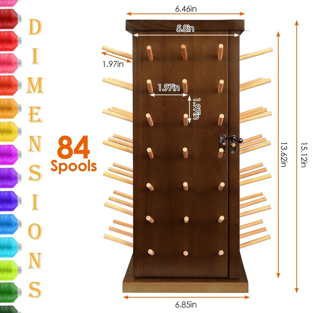 Wooden 84 Spools Thread Rack/Thread Holder Organizer with Inner Storage Compa...