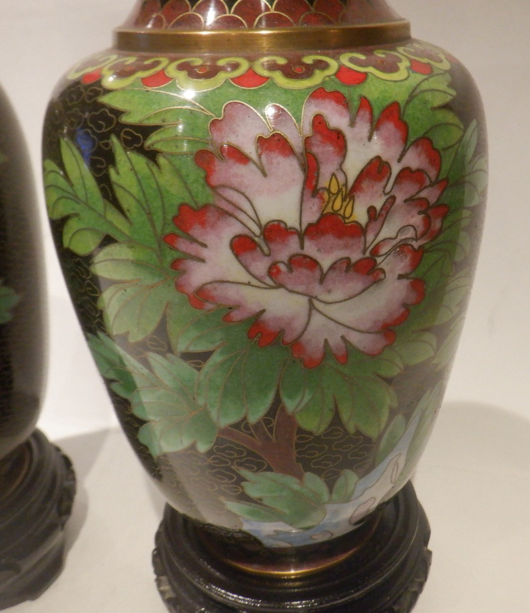 Pair of Vintage Cloisonne' Brass & Enamel Chinese Floral Vases w/Wood Stands