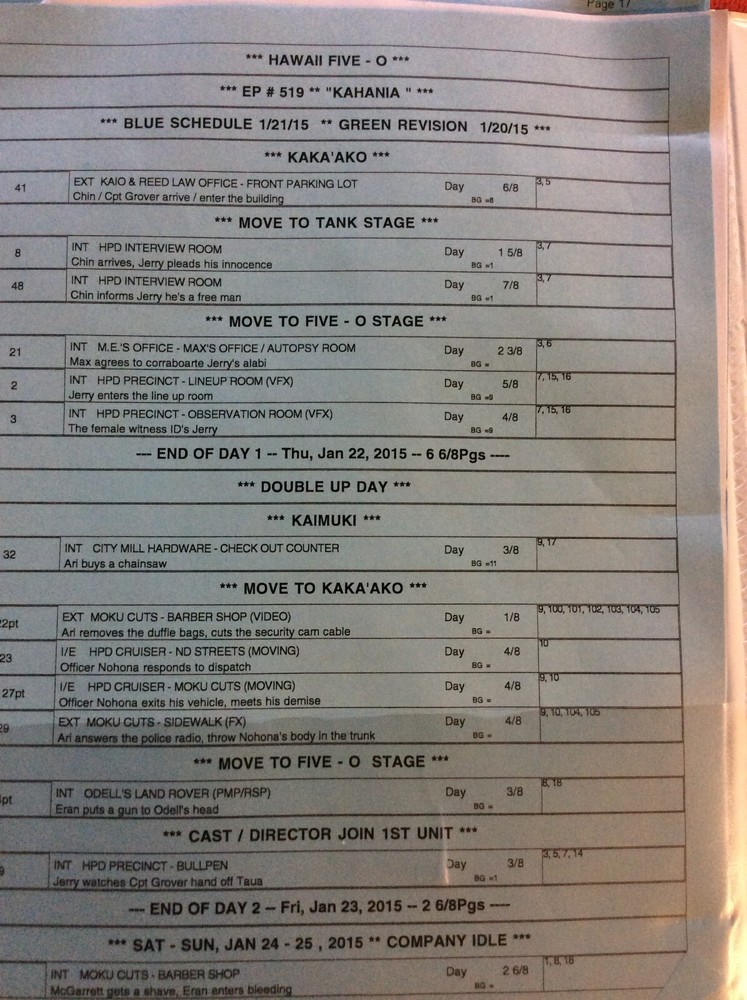 HAWAII FIVE-O ORIGINAL SCRIPT 519 SCHEDULE 2015 KAHANIA DANIEL DAE KIM