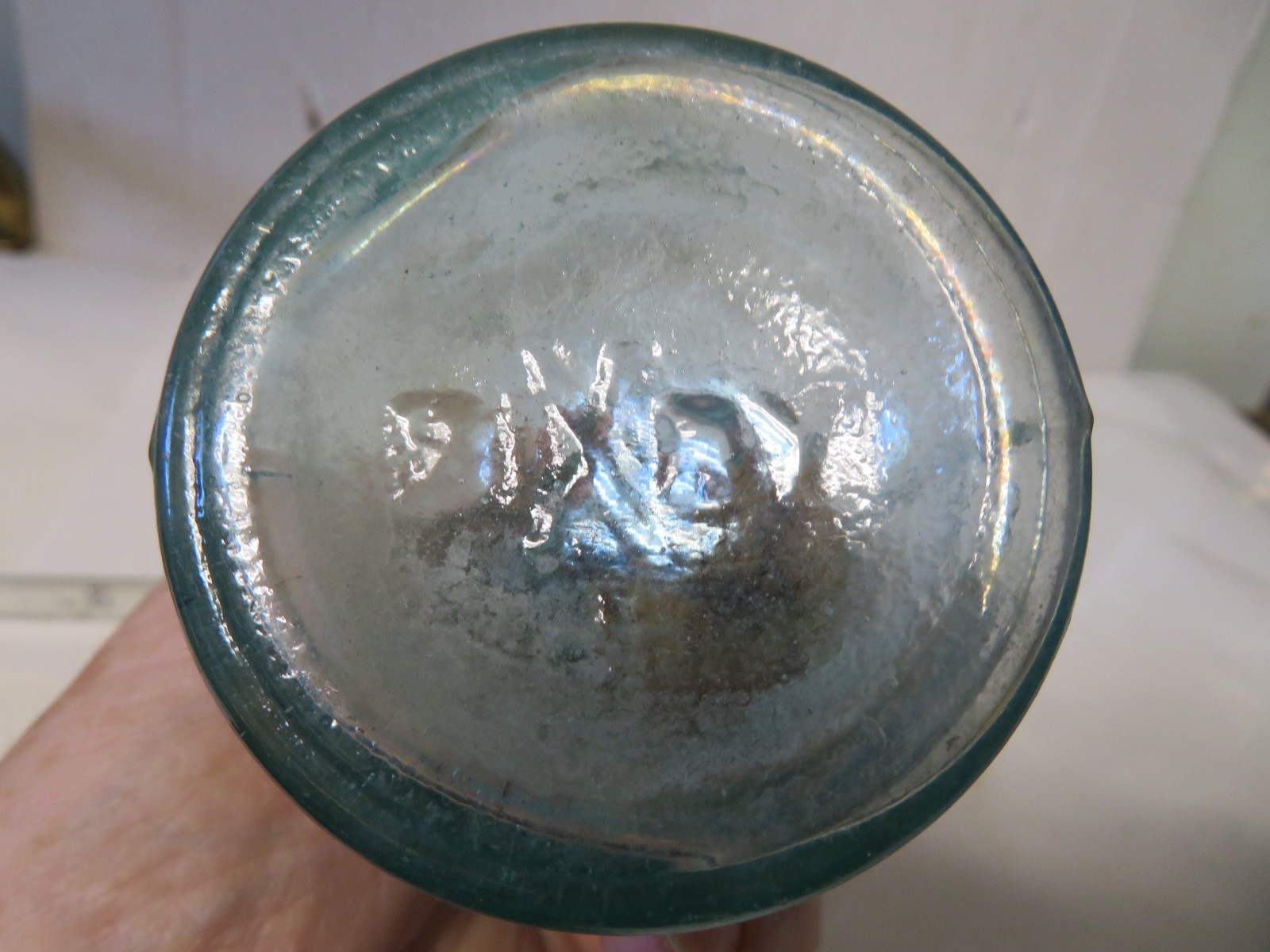 Antique PATENTED MARCH 6 1883, S. M. BIXBY & CO, AQUA BLUE 4" BOTTLE