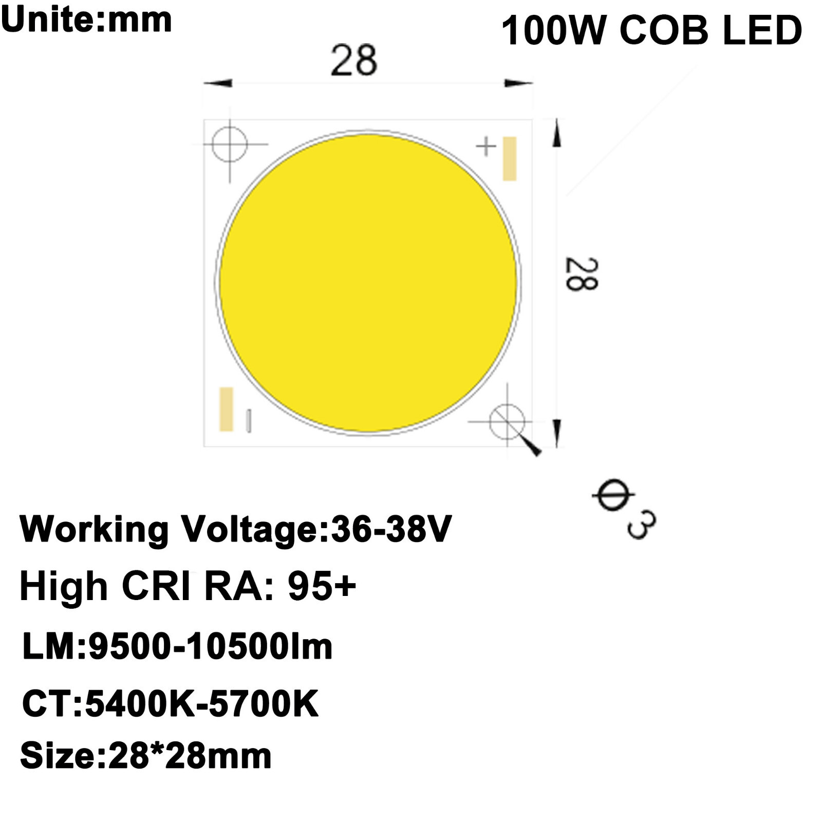 High CRI 95+ Ultra Bright 100W DIY COB LED Daylight 5600K DC36-38V 2.5A 10000LM