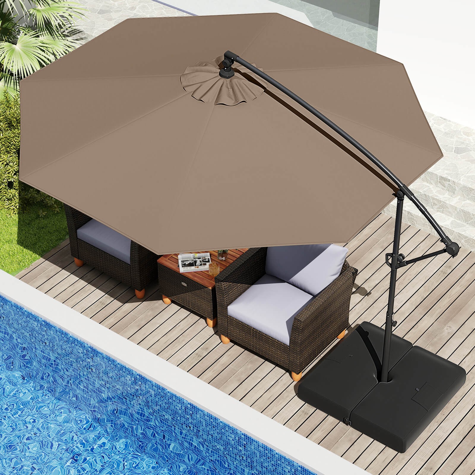 10 FT Offset Hanging Umbrella with Base Patio Cantilever Umbrella 360° Rotation