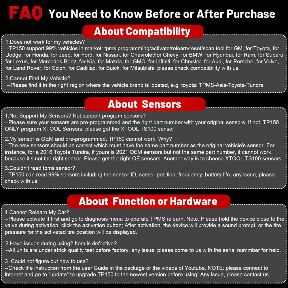 XTOOL TP150 TPMS Programming Tire Pressure Sensor Relearn Reset Activate Tool