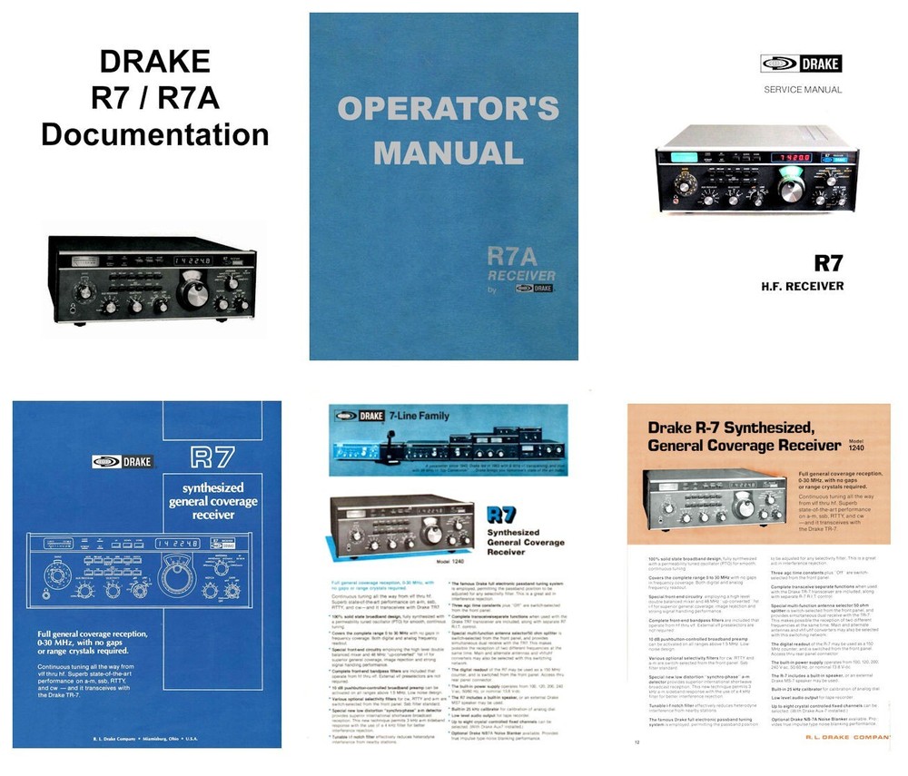 DRAKE R7 OPERATOR'S MANUAL + SERVICE MANUAL + DATASHEET + BROCHURE