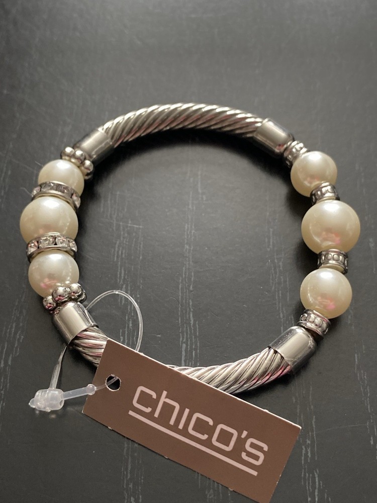 Faux  Pearl Beads Silver Color Stretchable Chico’s ￼