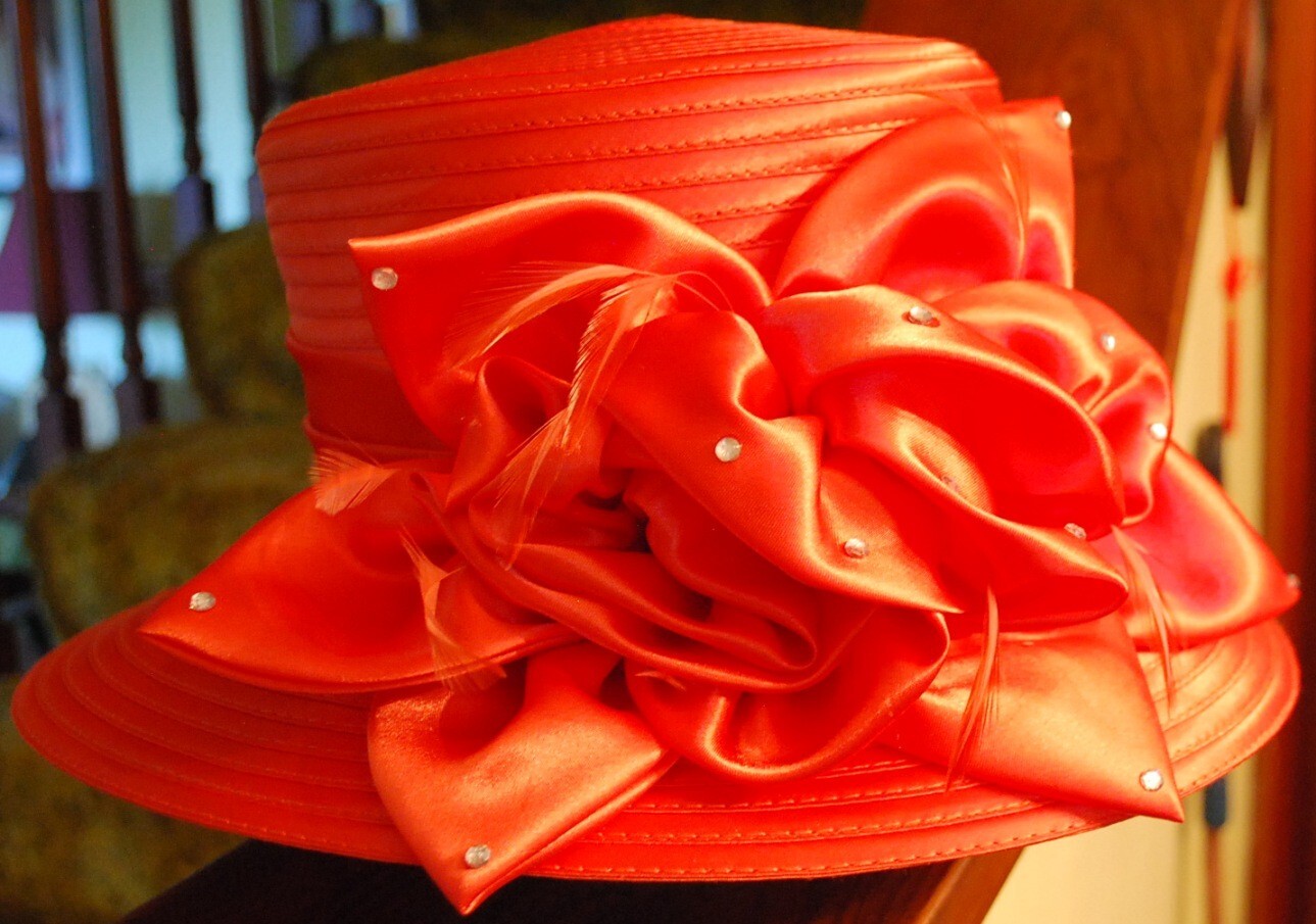 Vintage SOPHIA COLLECTION Ladies ORANGE Church Hat w Rhinestones & Feathers