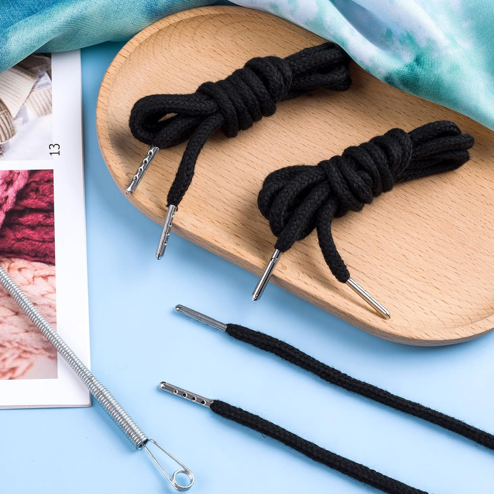 2pcs Black Drawstring Cord with Spring Threader Tool for Hoodies Sweatpants