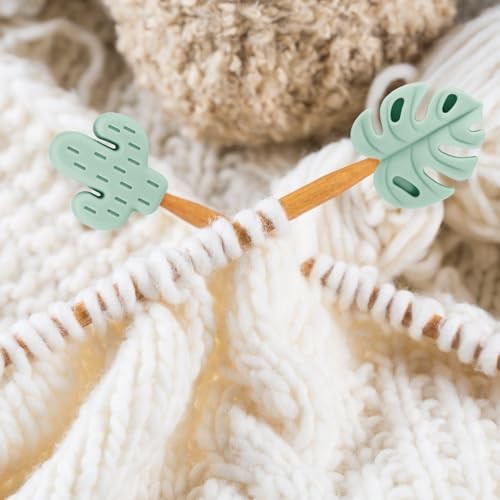 16pcs Knitting Needle Stoppers, Cute Cactus & Monstera Leaf Style Stitch