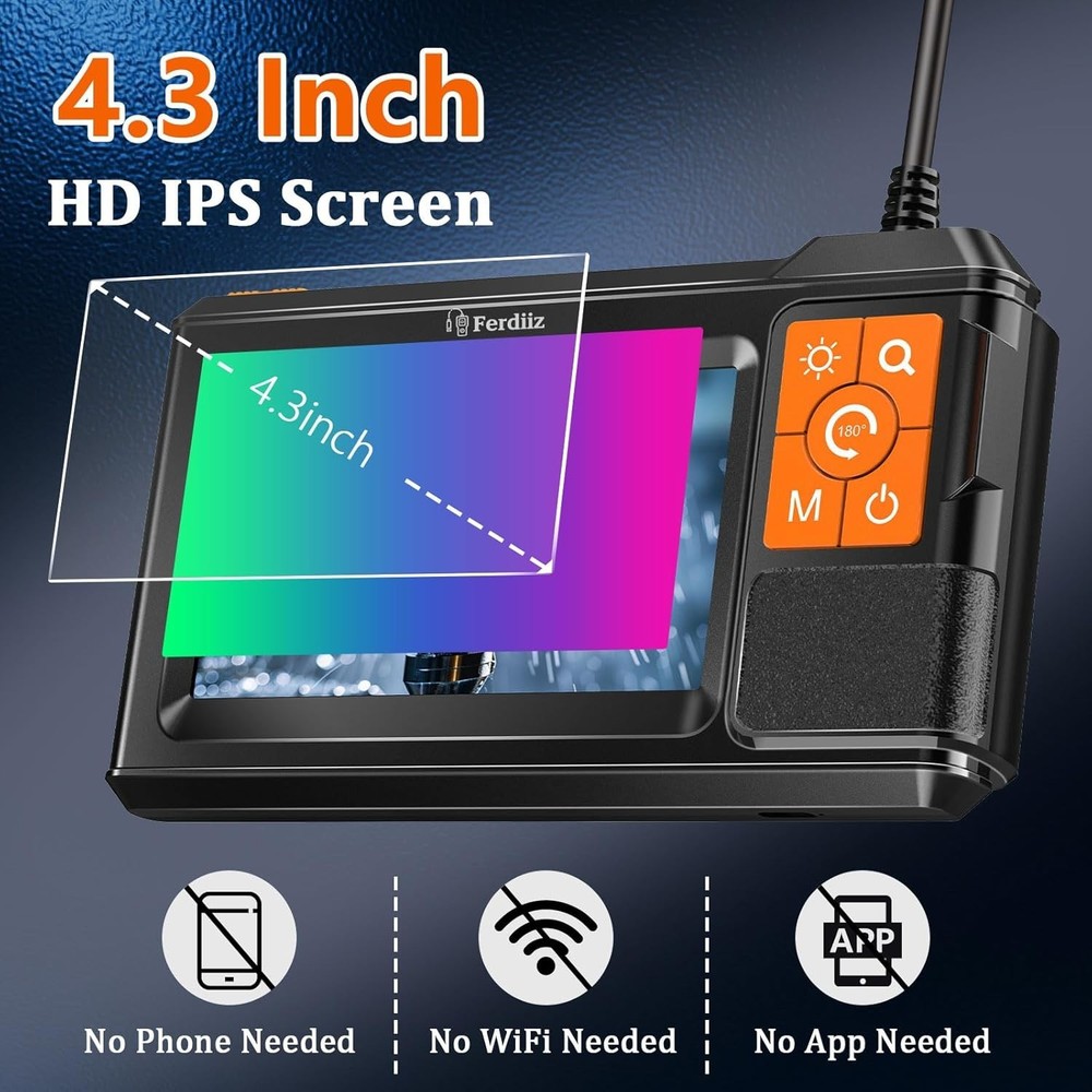 Dual-Lens Borescope with Light, Endoscope Camera with Light with 4.3" IPS Screen