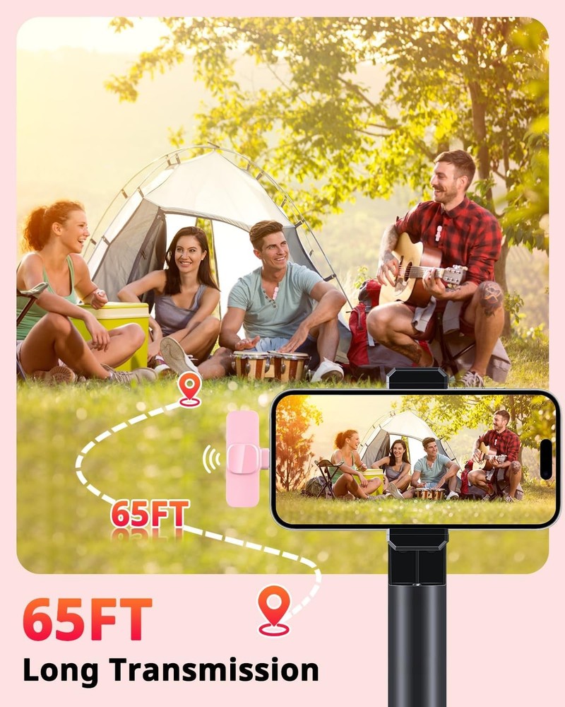 Pink Mini Wireless Microphone for iPhone & Android, Lavalier Microphone with Noi