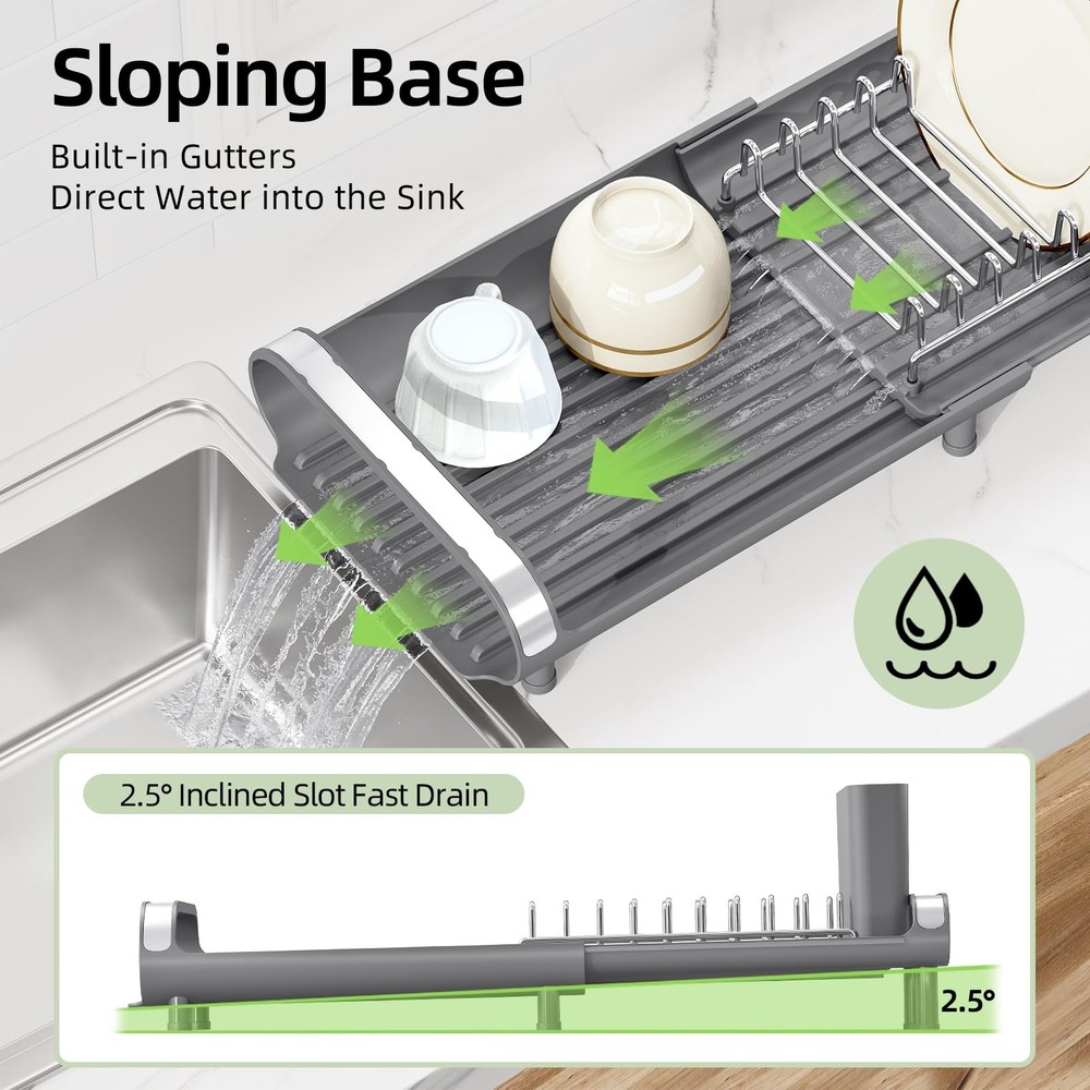 TOOLF Small Dish Drying Rack, Mini Expandable Compact Dish Rack, Slim Extenda...