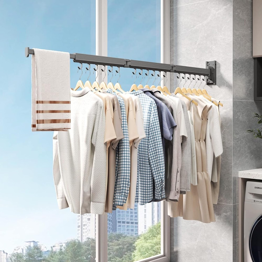 Wall-mounted drying rack, foldable and retractable, for hanging clothes