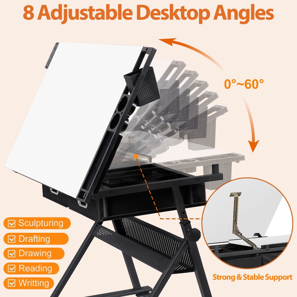 Adjustable Height Drafting Table for Artists Drawing Table with 2 Drawers White