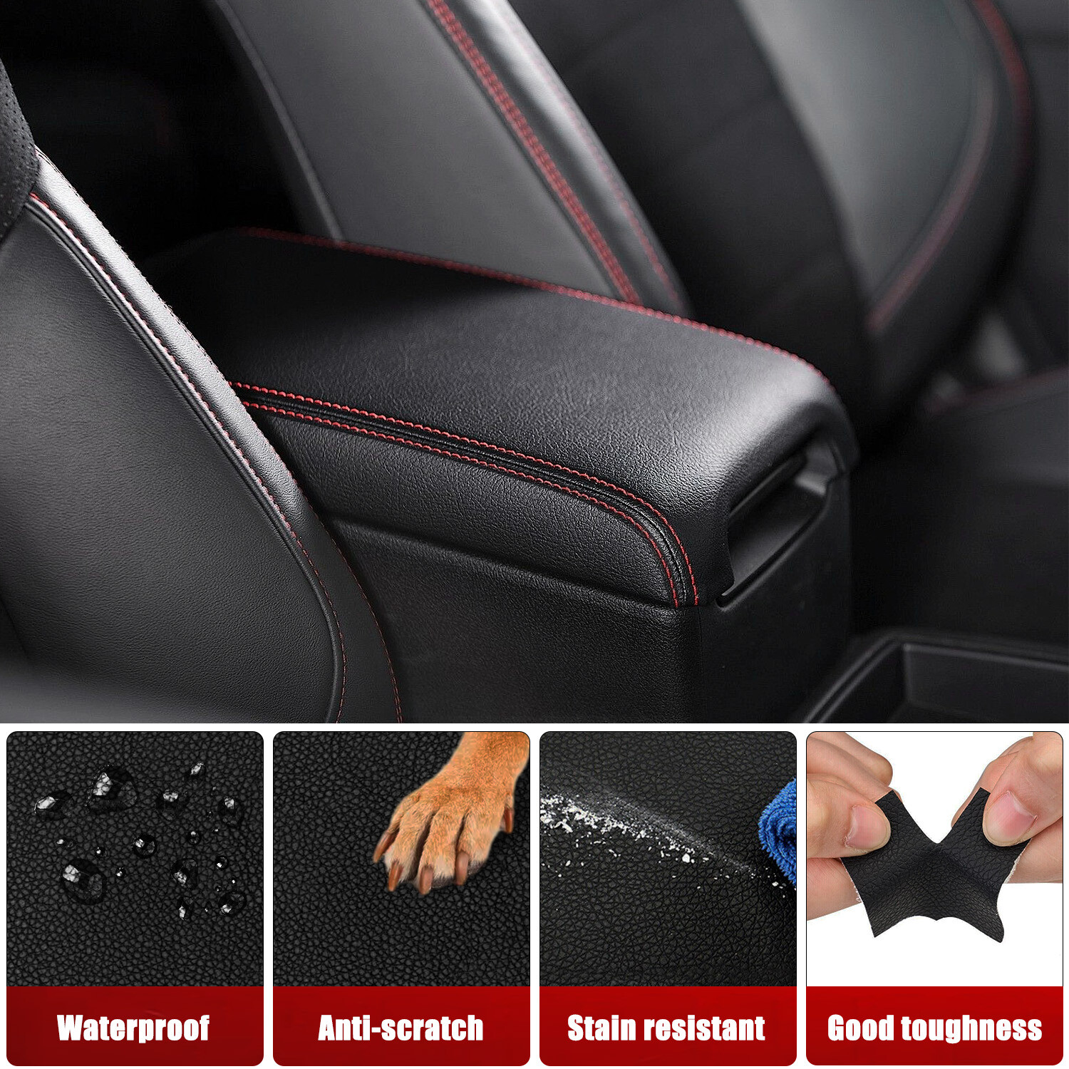 Fits 2012-2017 Toyota Camry Black Leather Console Lid Armrest Cover Red Stitch