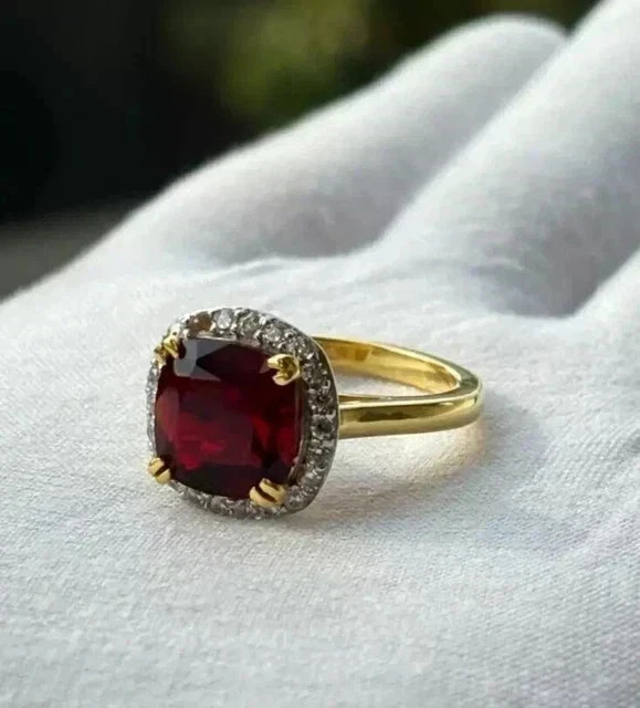 2.18 Ct Cushion Cut Ruby &Diamond Wedding Engagement Ring 14K Solid Yellow Gold