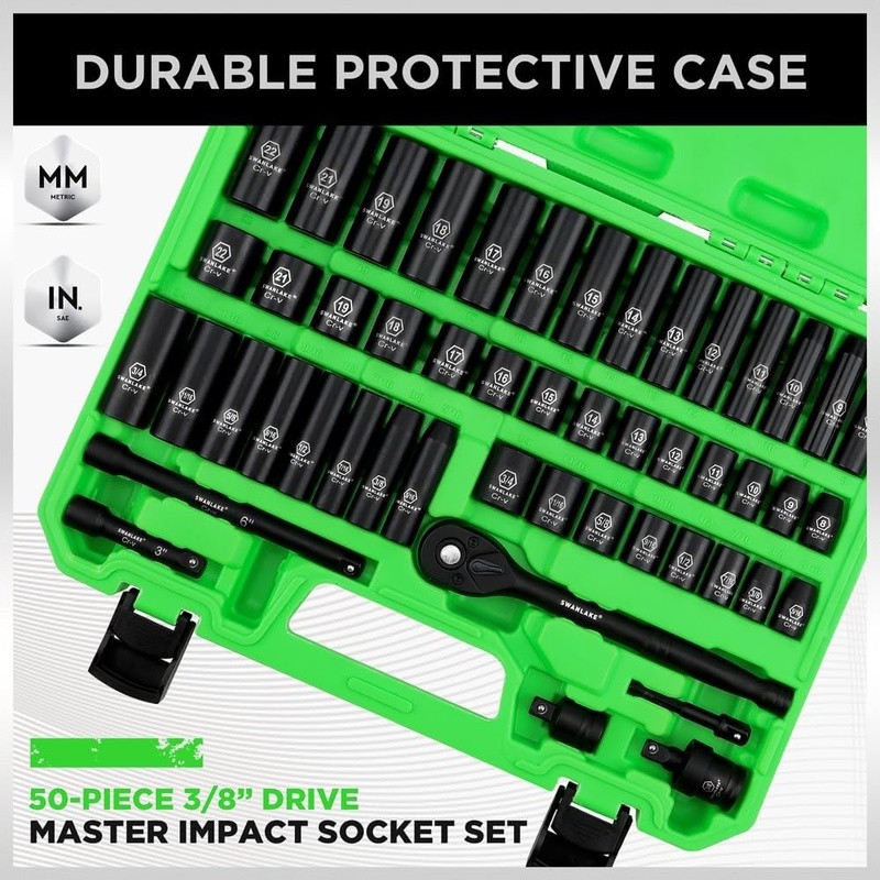 50PC Impact Socket Set 6-Point Chrome Vanadium Automotive Tools Durable Storage