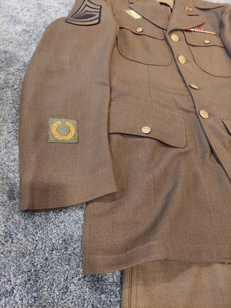 WWII Uniform Grouping - WW2 Sergeant Uniform Set - Jacket, Pants, Overcoat Etc