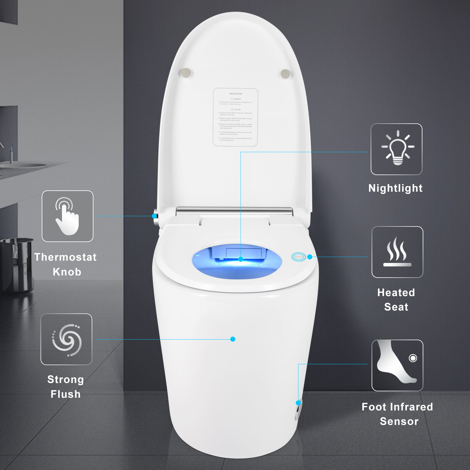 One Piece Electronic Smart Toilet Heat Auto Flush Foot Sensor Night Light
