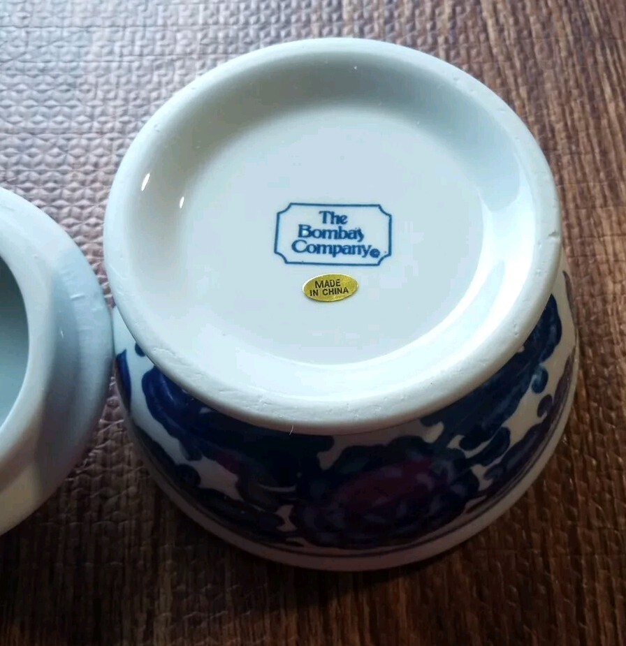 Bombay Company Blue and White Sugar Bowl Ceramic Circle Low Pot Top Lid