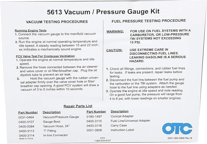 Vacuum/ Pressure Gauge Kit for Testing Fuel System/ Diagnose Engines Problems