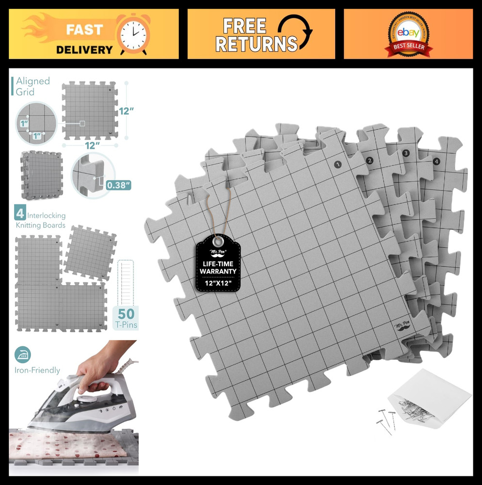 Interlocking Blocking Mats 12"x12" - 4 Pack for Knitting & Crochet + 50 T-Pins