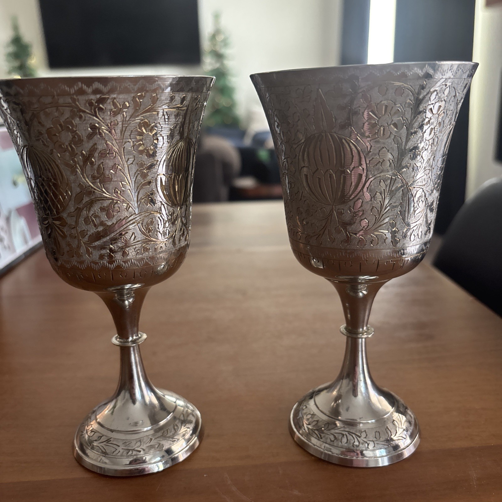 Vtg Chalice Goblet Silver Plate Brass Etched World Gift Z.Y.India 6” SET OF 2