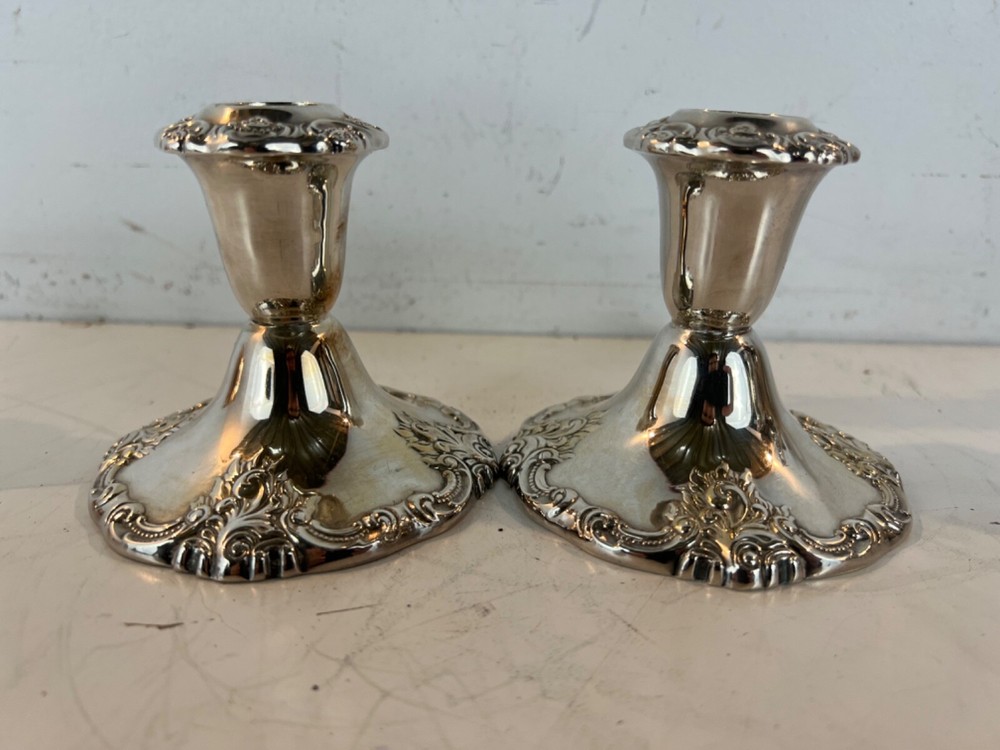 Vintage Wallace Baroque Pair of Silver Plate Candlesticks