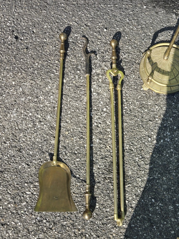 Vintage Solid Brass Fireplace 3 Tools with Stand Set 4x PIECE Round Claw Footed