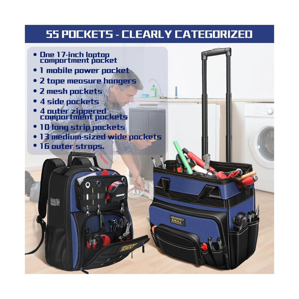 AIRAJ 21" Rolling Tool Bag with Wheels & 18" Tool Backpack Set | Adjustable T...