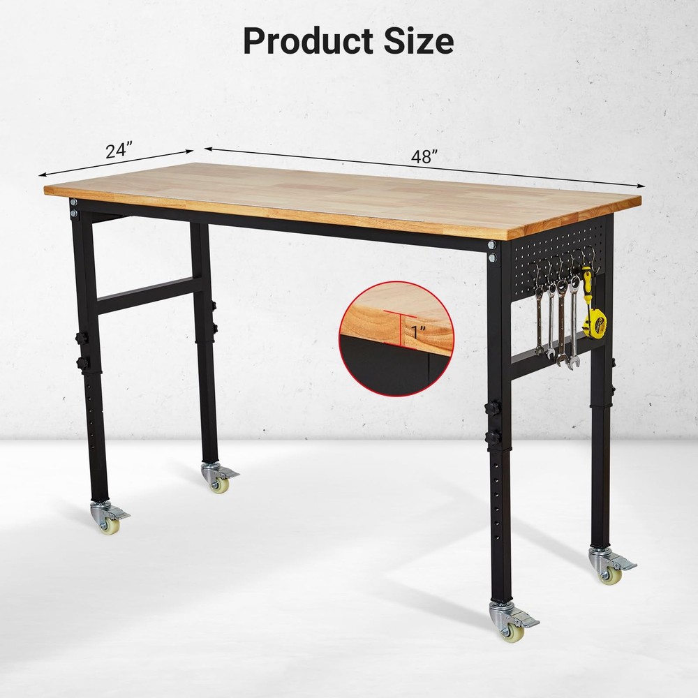 48" Adjustable Workbench 2000Lbs Load Rubber Wood Work Bench w/Pegboard & Wheels