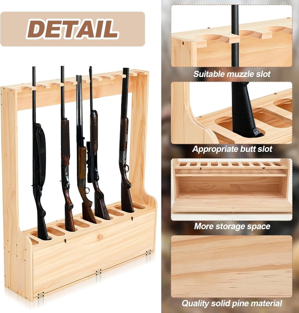 Gun Rack W/ Storage Wood Gun Storage Display Rack Solid Pine Standing Gun