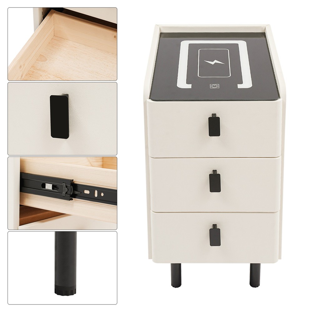 3 Drawers Smart Bedside Table Small Nightstand Bedside Table w/Light & Wireless