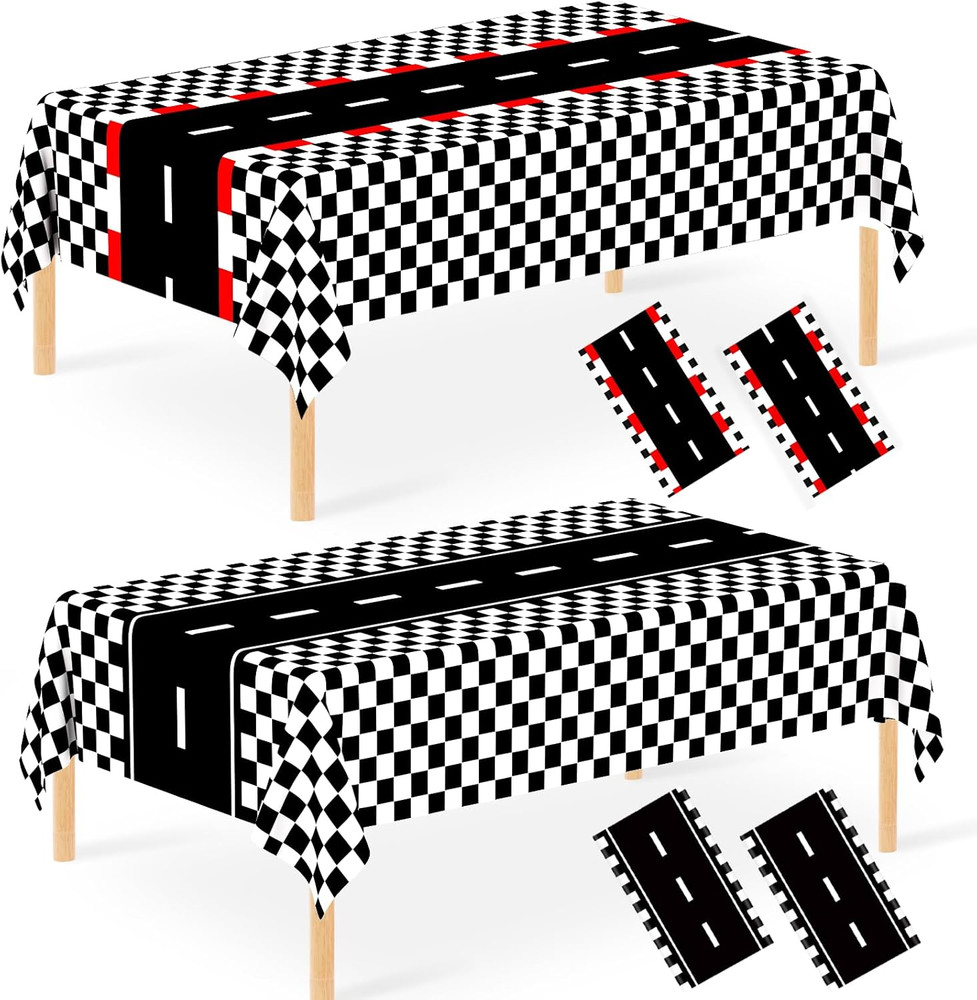 4 Pack Mixed Racing Car Plastic Rectangular Tablecloths, Black and White Checker